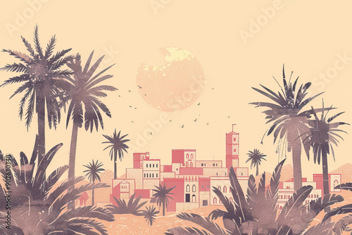 Risograph stencilled riso print travel poster, card, wallpaper or banner illustration, modern, isolated, clear, simple of Al Khums, Libya. Artistic, screen printing, stencil photo