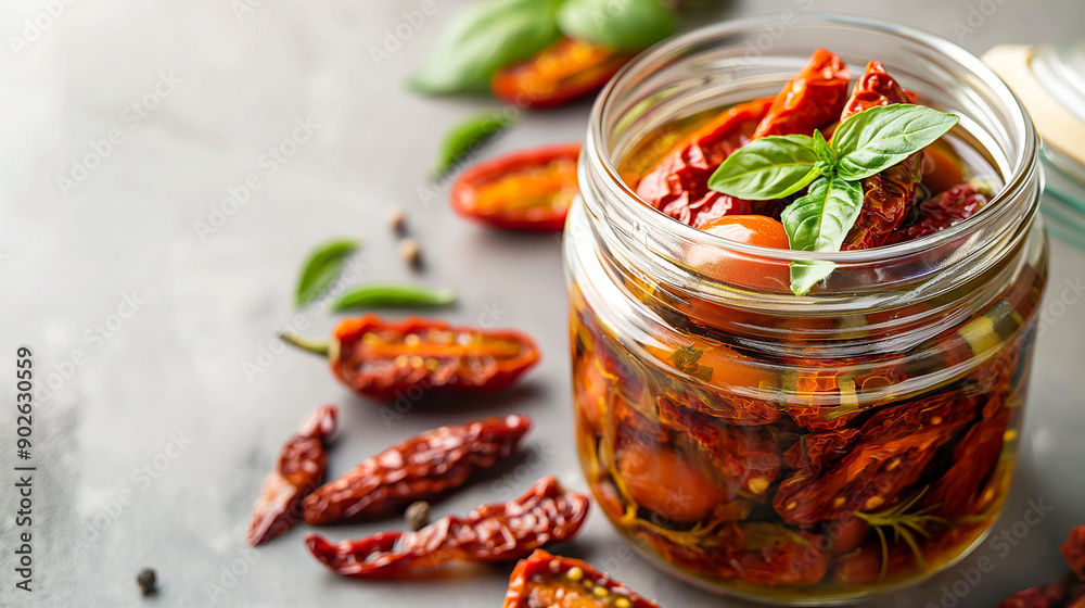 Traditional Italian Sun Dried Tomatoes In Olive Oil, Fresh Tomatoes And Basil Leaves. Generative AI Traditional Italian Sun Dried Tomatoes In Olive Oil, Fresh Tomatoes And Basil Leaves. Generative AI
