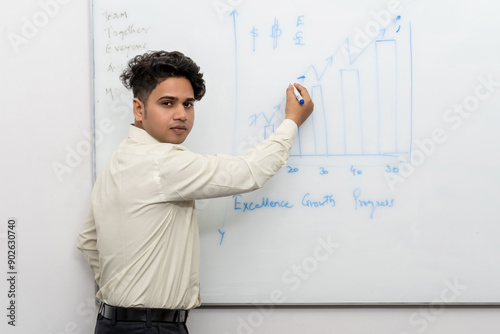 Indian professor, coach or teacher against the white board with the marker concept teaching share market trade coaching classes. photo