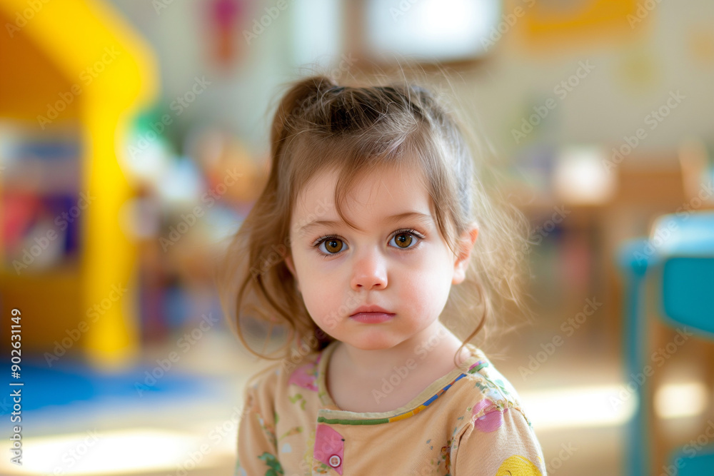 Portrait of a little 2-year-old girl in a nursery school. Girl is in front of us in a concern expression. Serious Portrait of a little 2-year-old girl in a nursery school. Girl is in front of us in a concern expression. Serious