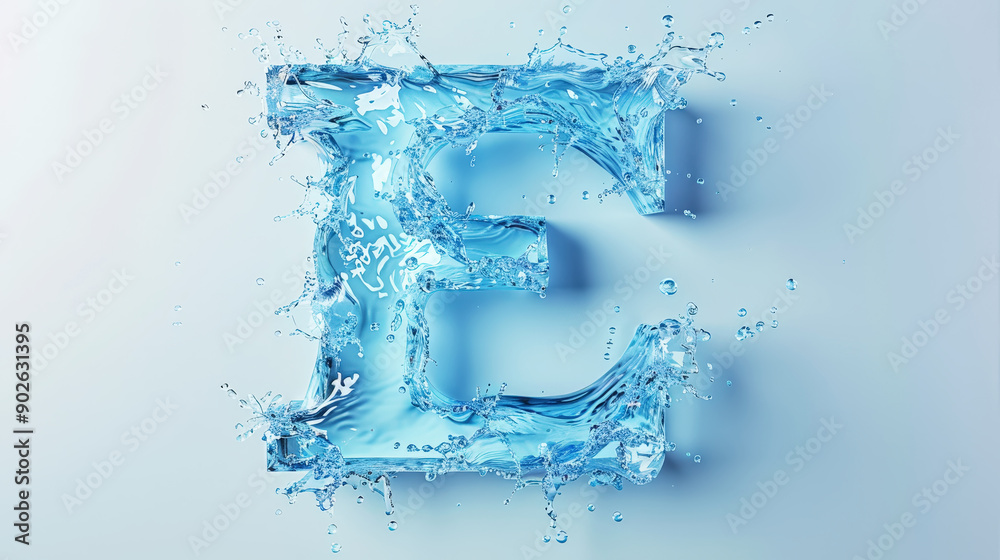 Capital letter E made of blue water splashes or ice on light background. Scrapbook activity. Generative AI Capital letter E made of blue water splashes or ice on light background. Scrapbook activity. Generative AI