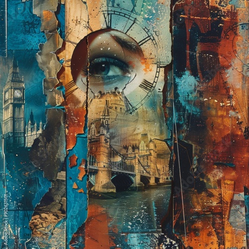 Time Travel Through History and Future - Collage of Ancient and Futuristic Elements with Layered Textures