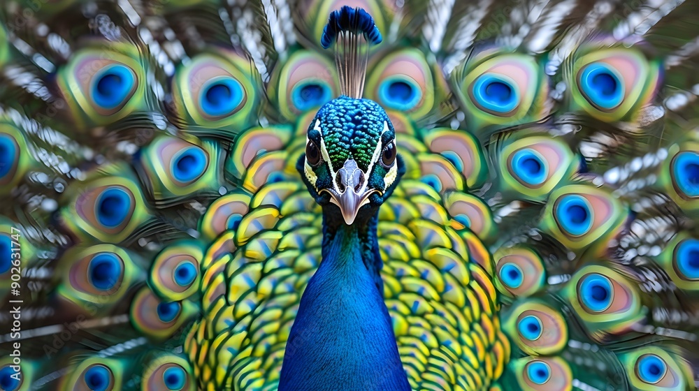 Obraz premium Vibrant Peacock Displaying Ornate Feathers in Striking Closeup