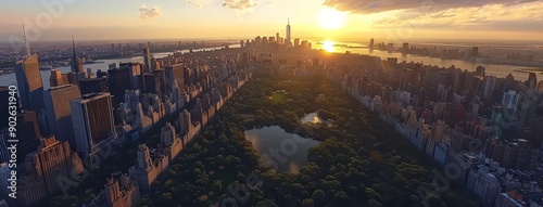 Cinematic aerial view of New York City skyline and Central Park at sunrise