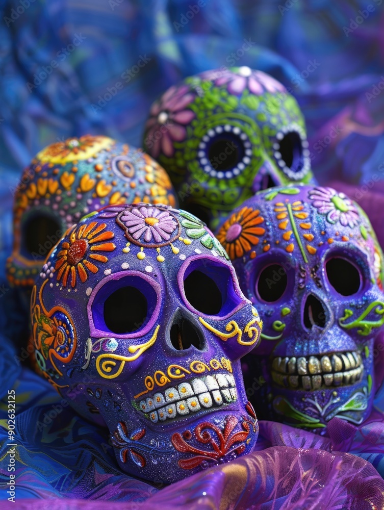 Fototapeta premium A group of painted skulls are arranged on a blue background. The skulls are decorated with flowers and other designs, giving them a festive and colorful appearance