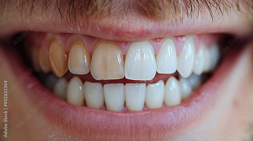 Obraz premium Man with yellowed teeth. Mustachioed man with teeth in need of whitening. Smile of guy who needs to go to dentist
