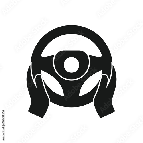 Steering wheel icon. Hands on steering wheel. Driver. Driving car. Test drive. Vector icon isolated on white background.