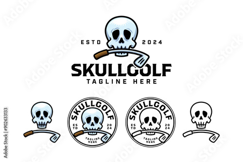 skull biting golf stick logo design for golfer and tournament.  golf club professional with skull and stick putter sign symbol modern logo. set of golf sport emblem badge logo illustration
