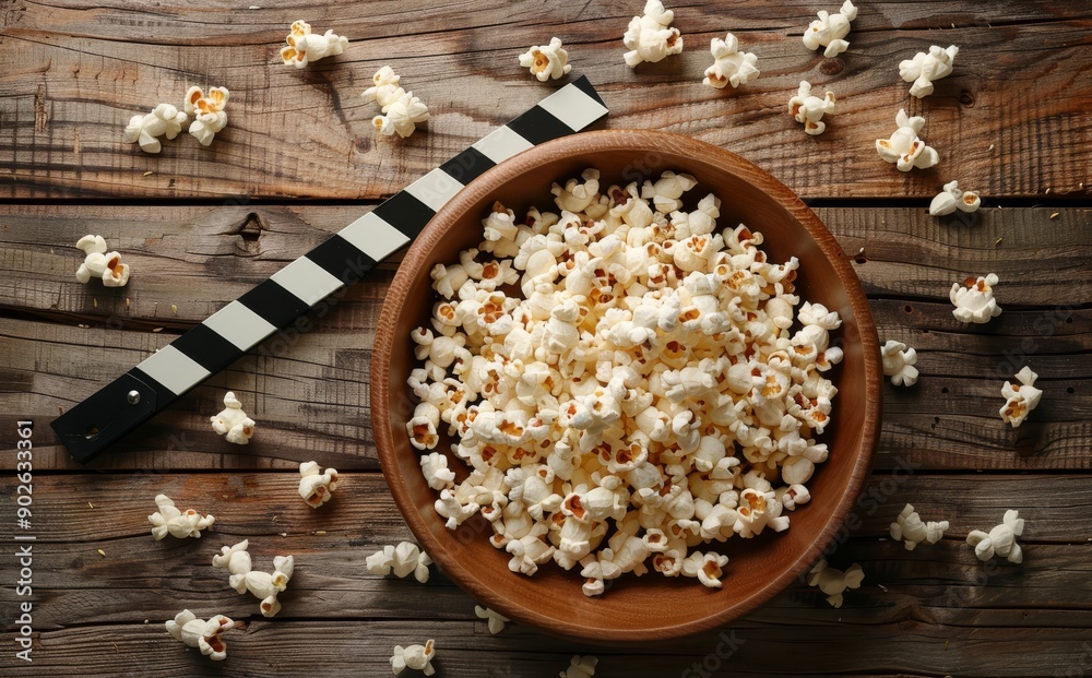 Clapperboard and bowls of popcorn on a rustic wooden table, movie night concept