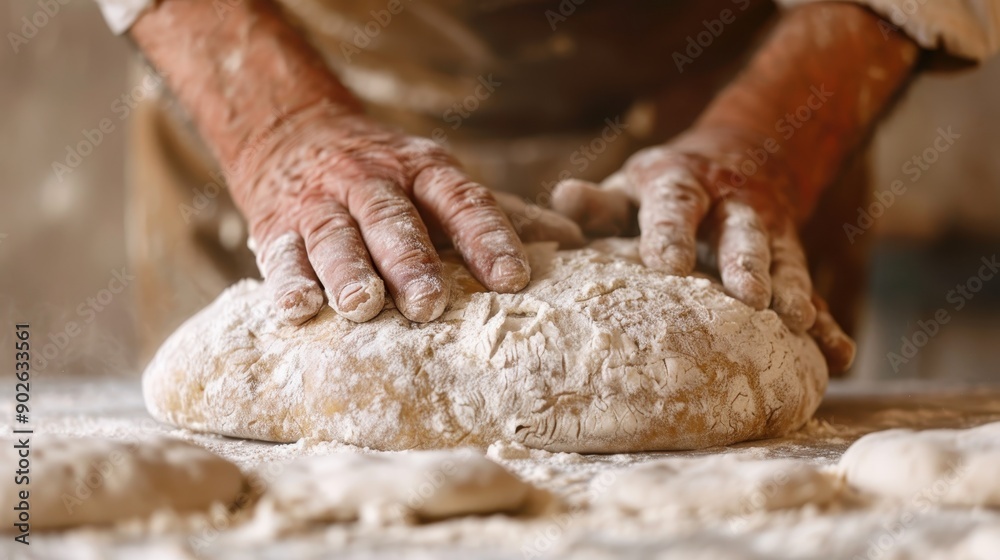 Image shows a baker's hands covered in flour while kneading dough on a rustic table, emphasizing traditional, hands-on cooking techniques and artisan craftsmanship. Image shows a baker's hands covered in flour while kneading dough on a rustic table, emphasizing traditional, hands-on cooking techniques and artisan craftsmanship.