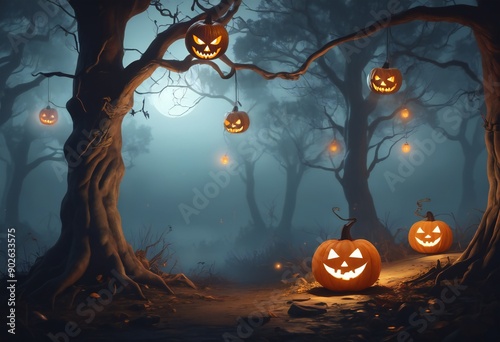 Lanterns in the shape of pumpkins hang on a tree, lighting the way in a dark forest on Halloween. Fog and light create a mystical atmosphere