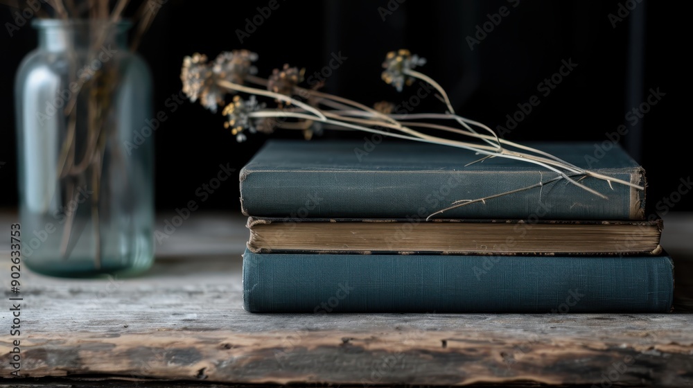 Obraz premium A cozy, nostalgic scene featuring a small stack of vintage books placed next to a vase with dried flowers, set on a beautifully weathered, rustic table.
