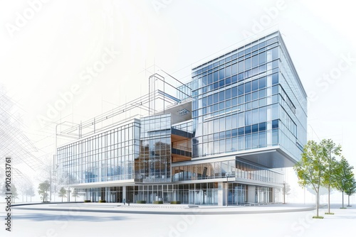 3D Render Modern Architecture Design on Isolated background, Luxury Office building Architect's Sketch Overlay © Anna