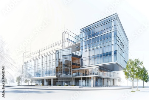 3D Render Modern Architecture Design on Isolated background, Luxury Office building Architect's Sketch Overlay