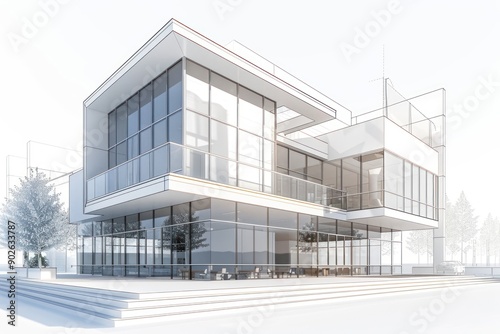 3D Render Modern Architecture Design on Isolated background, Luxury Office building Architect's Sketch Overlay © Anna