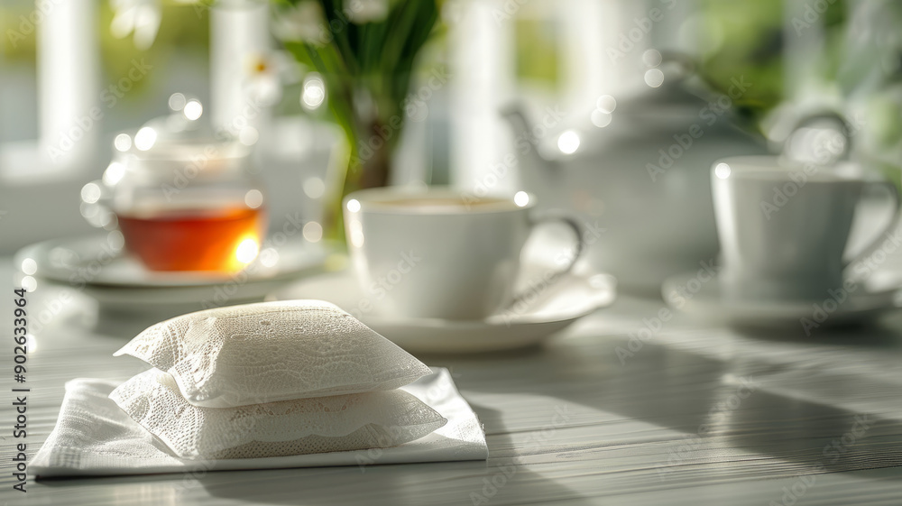Morning tea setup with teapot, teacup, and tea bags on a table Morning tea setup with teapot, teacup, and tea bags on a table