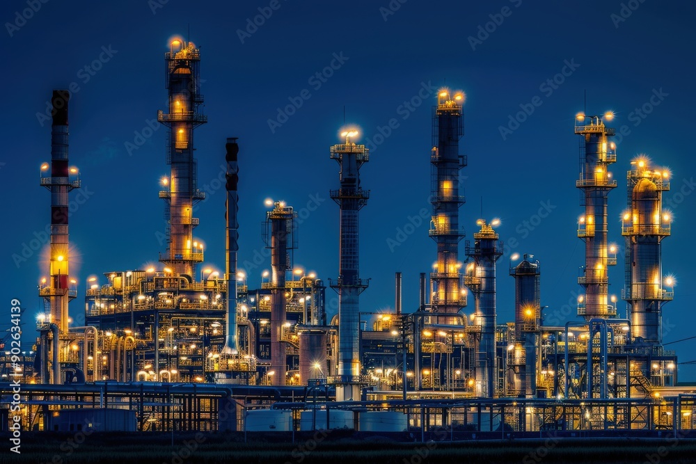 Beneath the night canopy, towering structures of an oil refinery glow with vibrant lights, showcasing industrial strength and energy in a captivating display. Beneath the night canopy, towering structures of an oil refinery glow with vibrant lights, showcasing industrial strength and energy in a captivating display.