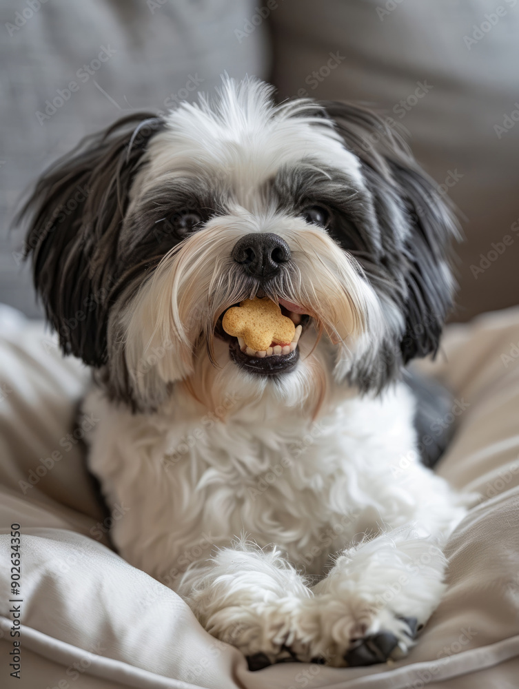 Black and white dog with a treat in its mouth lying on a cushion Black and white dog with a treat in its mouth lying on a cushion