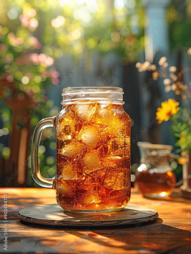Mason jar of iced tea with ice cubes in a sunny garden setting. Mason jar of iced tea with ice cubes in a sunny garden setting.