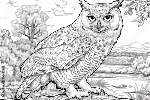 A drawing of an owl in a forest setting. The owl is looking at the camera with a fierce expression. Scene is one of mystery and intrigue, as the owl seems to be watching something or someone