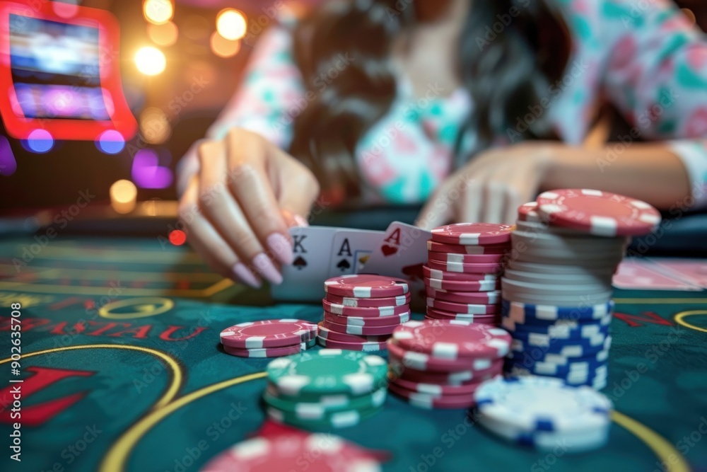 A Woman Plays Poker at the Casino, Betting Chips and Money in a High-Stakes Game of Risk and Fortune A Woman Plays Poker at the Casino, Betting Chips and Money in a High-Stakes Game of Risk and Fortune