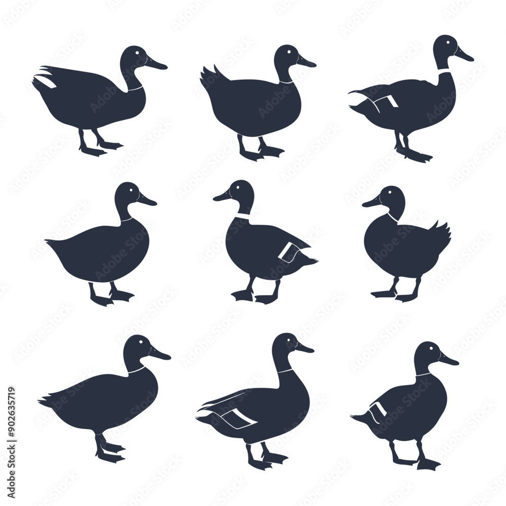 Set of nine duck silhouettes, different positions and angles. Set of nine duck silhouettes, different positions and angles.