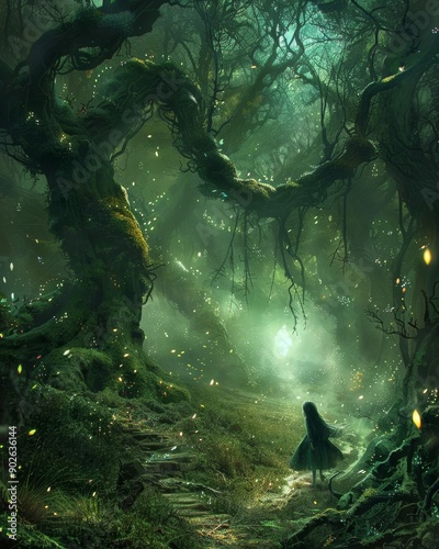 Wallpaper Mural Mossy forest trail with ethereal silhouette surrounded by magical lights. Torontodigital.ca