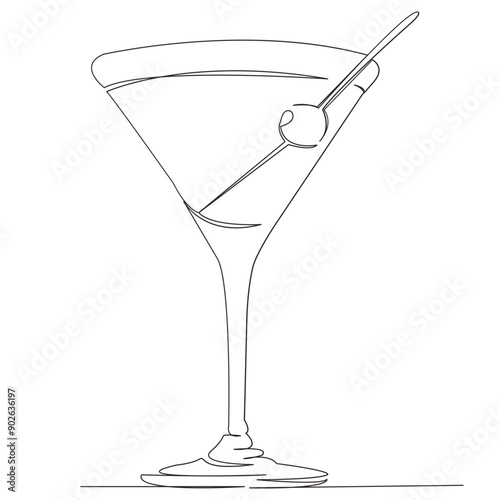 One continuous single drawn line art doodle glass, alcohol, beverage, vermouth, cocktail. isolated image hand-drawn outline on white background.