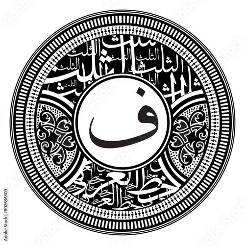 Arabic Calligraphy Alphabet letters or font in Arabic Kufi, Thuluth, Riqqa style, Stylized Multicolor Islamic calligraphy elements on black and white circles background, 