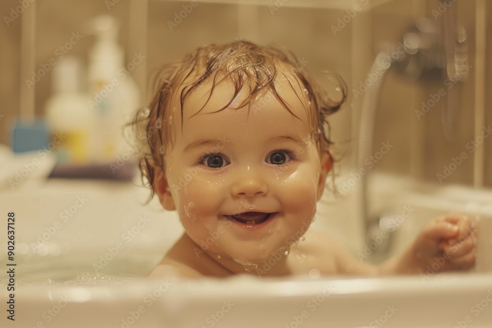 Baby Delighting in the Bathtub during Bath Time Baby Delighting in the Bathtub during Bath Time