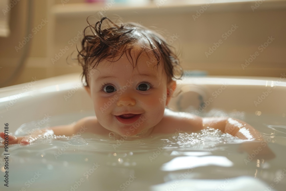 Baby Delighting in the Bathtub during Bath Time Baby Delighting in the Bathtub during Bath Time