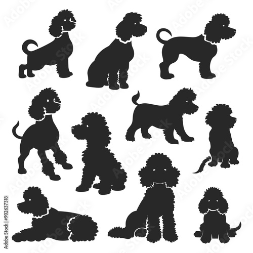 Set of 10 poodle silhouettes in various poses.
