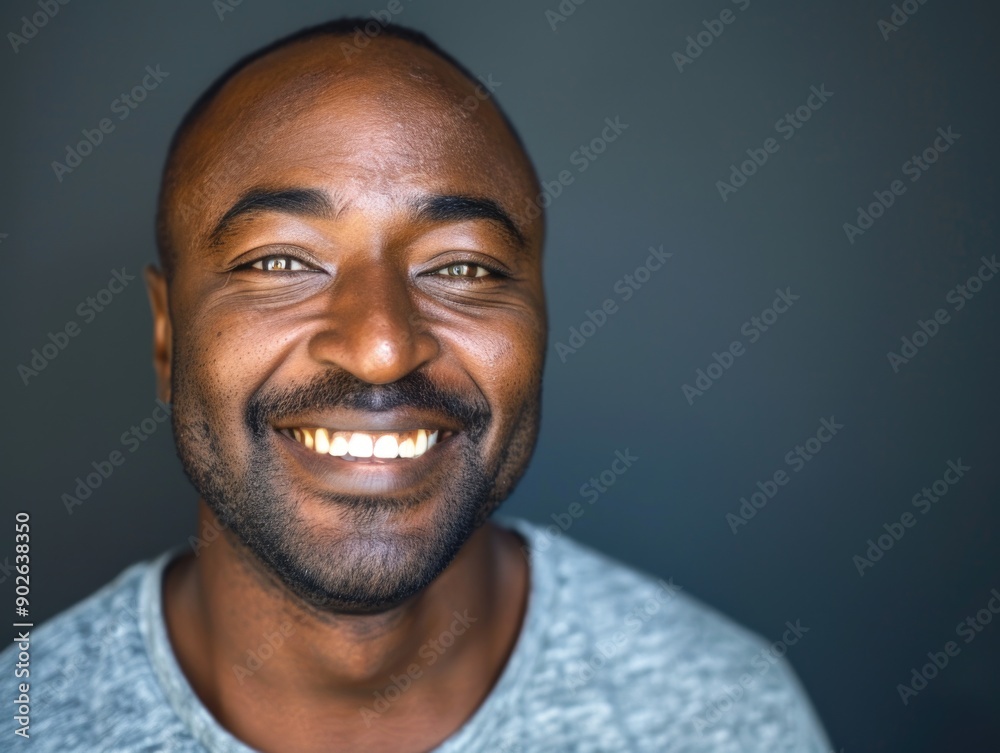 Obraz premium A man with a beard and a smile on his face. He is wearing a gray shirt. Concept of happiness and positivity