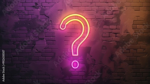 A neon sign with a question mark on it is lit up against a brick wall. The sign is pink and yellow, and it is glowing in the dark. Scene is mysterious and intriguing