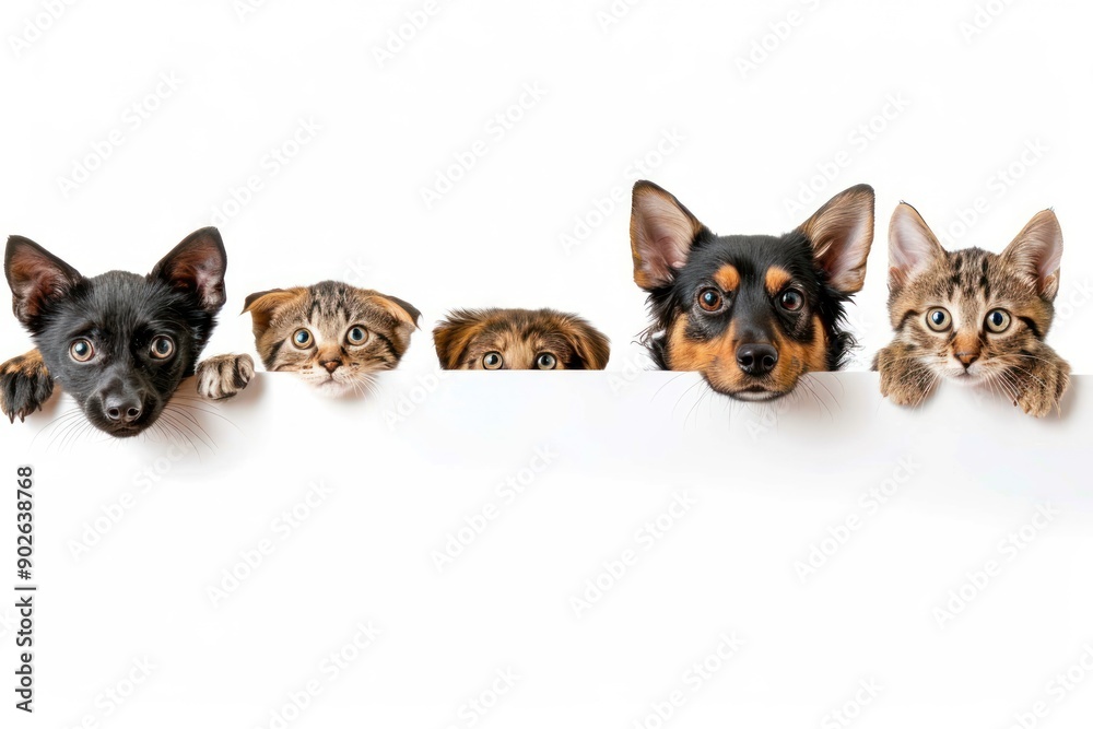 Cats and dogs peeking over white edge. Web banner. Cute pets. White background Cats and dogs peeking over white edge. Web banner. Cute pets. White background
