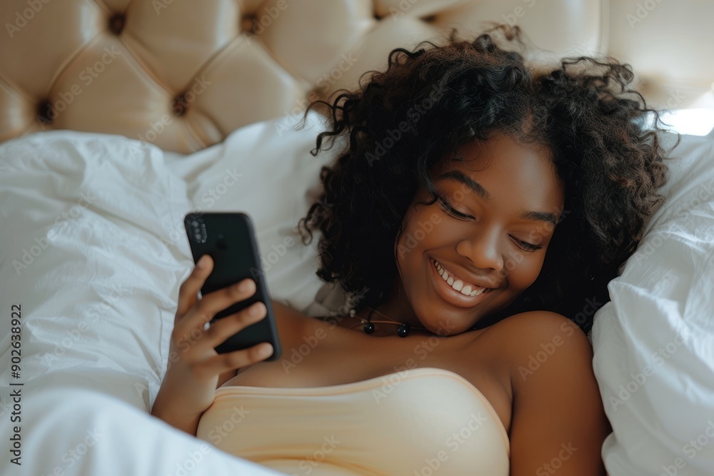 Cheerful black person resting in bed while scrolling on her phone Cheerful black person resting in bed while scrolling on her phone