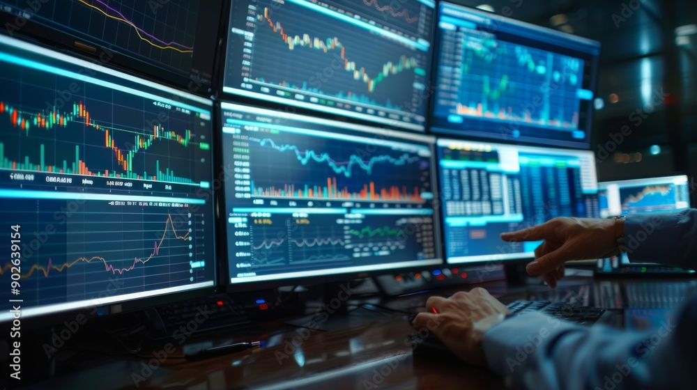 A financial analyst analyzes live stock market data on multiple monitors, focused on charts and performance metrics in a modern office setting A financial analyst analyzes live stock market data on multiple monitors, focused on charts and performance metrics in a modern office setting