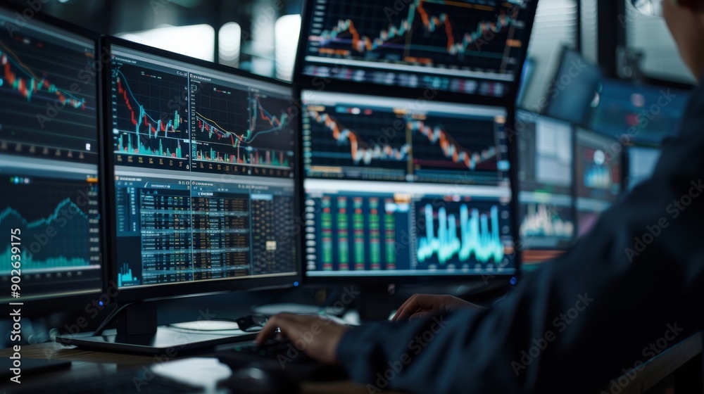 A financial analyst monitors multiple screens displaying real-time stock market charts and financial data in a modern office environment