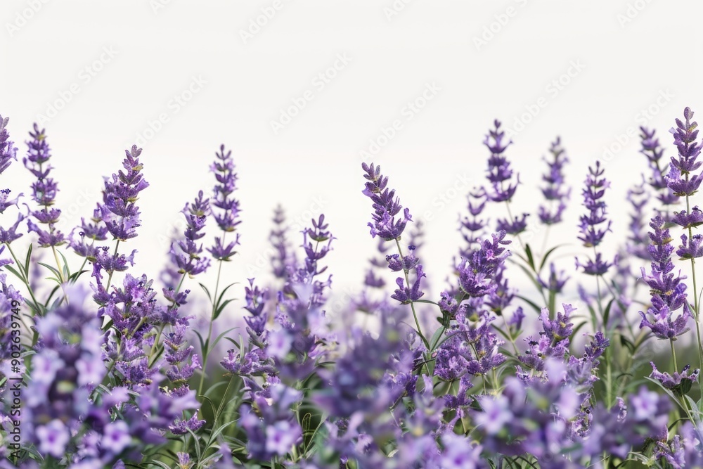 Fototapeta premium A field of purple flowers with a white background. The flowers are in full bloom and are scattered throughout the field. Scene is peaceful and serene, as the flowers are a symbol of beauty