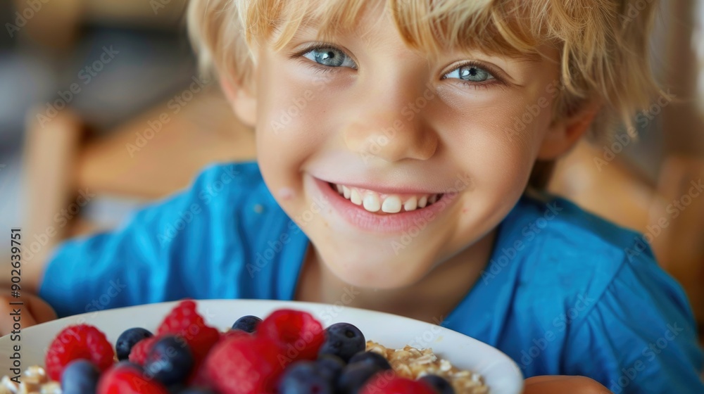 A young boy is smiling and holding a bowl of fruit. The bowl contains blueberries and raspberries A young boy is smiling and holding a bowl of fruit. The bowl contains blueberries and raspberries