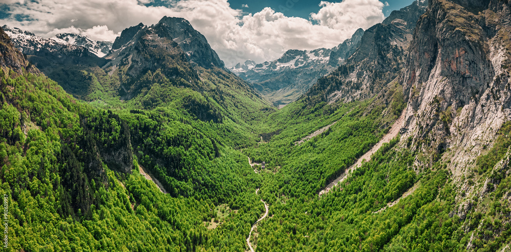 Aerial view of Prokletije peaks and valleys in Montenegro