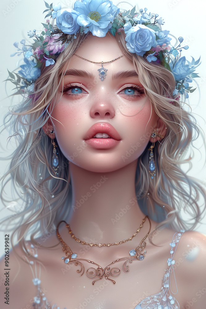A woman with a blue flower headpiece and a necklace. She has a blue eye and a pink lip