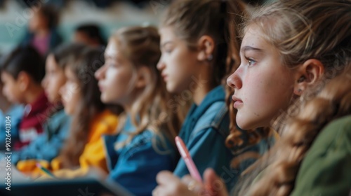 A group of young girls are sitting in a classroom, writing with pens. Scene is one of focus and concentration, as the girls are all working on their assignments