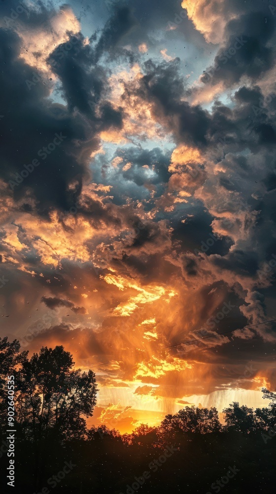 Fototapeta premium Vibrant sunset with dramatic clouds over trees skyline.