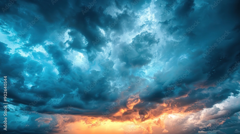 Fototapeta premium Expansive stormy sky blending blue and orange hues.