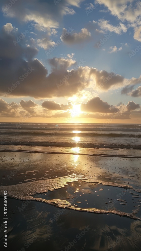 Fototapeta premium Scenic coastal sunset with clouds and reflections.