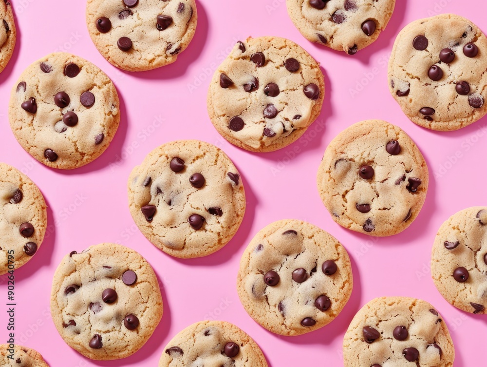 A row of chocolate chip cookies on a pink background. The cookies are all the same size and shape, and they are all covered in chocolate chips. Concept of warmth and comfort A row of chocolate chip cookies on a pink background. The cookies are all the same size and shape, and they are all covered in chocolate chips. Concept of warmth and comfort