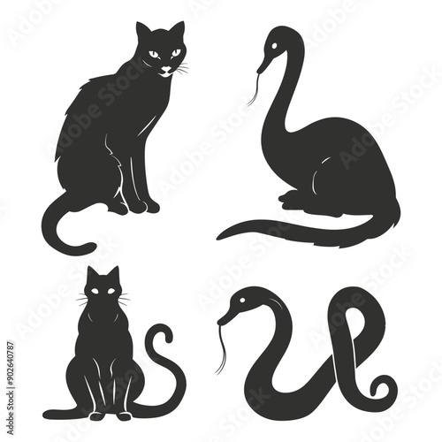 Black silhouette illustrations of a cat, snake and plesiosaur.