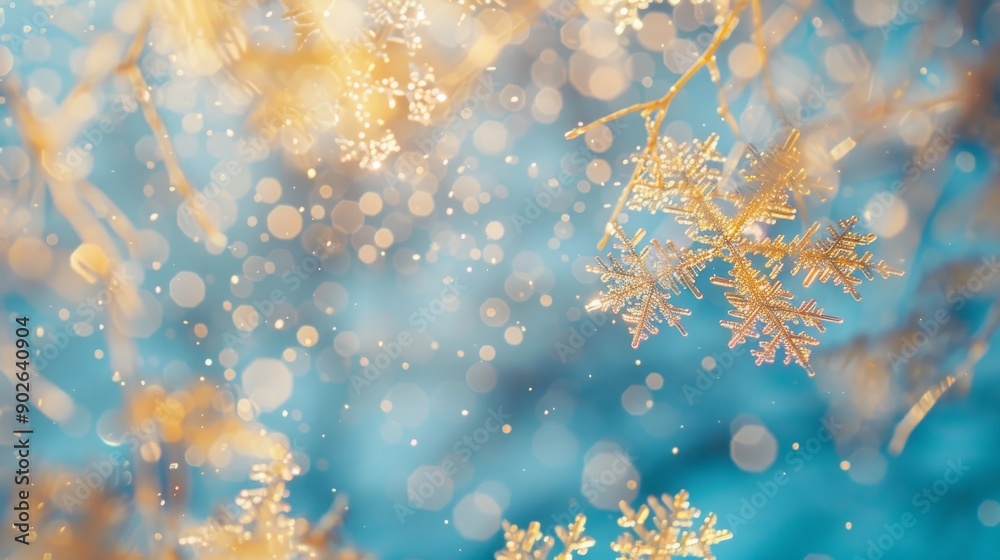 Sparkling snowflakes glimmer beautifully in a soft gradient of icy blue and gold, capturing the essence of a serene winter wonderland Sparkling snowflakes glimmer beautifully in a soft gradient of icy blue and gold, capturing the essence of a serene winter wonderland