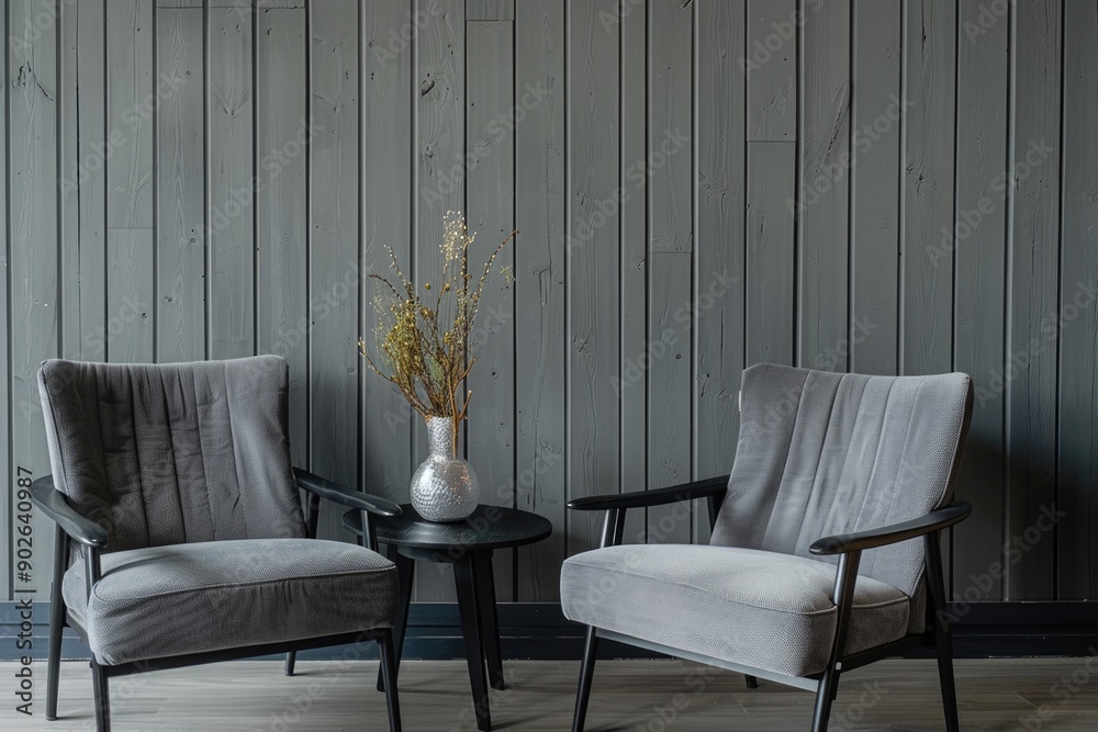 Two chairs are sitting next to each other in front of a wall. The ...